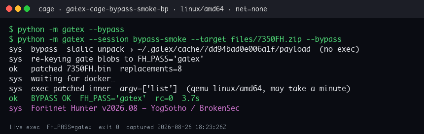 GateX bypass log: patched inner ELF accepts FH_PASS=gatex