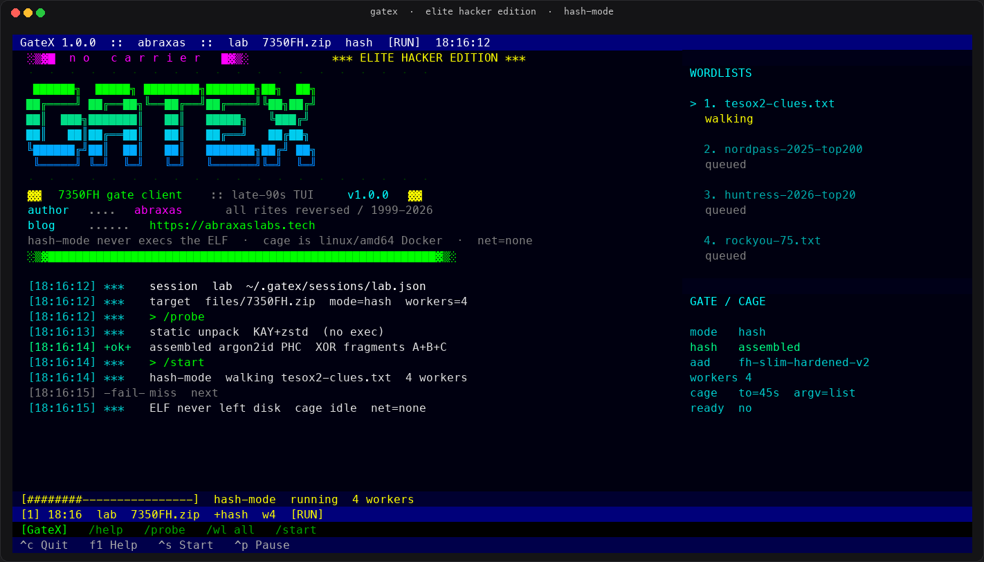 GateX 1.0.0 TUI in action - Elite Hacker Edition banner, hash-mode running