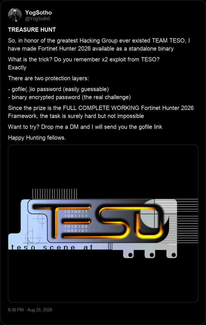 Treasure hunt tweet from @YogSoth0, 25 Aug 2026